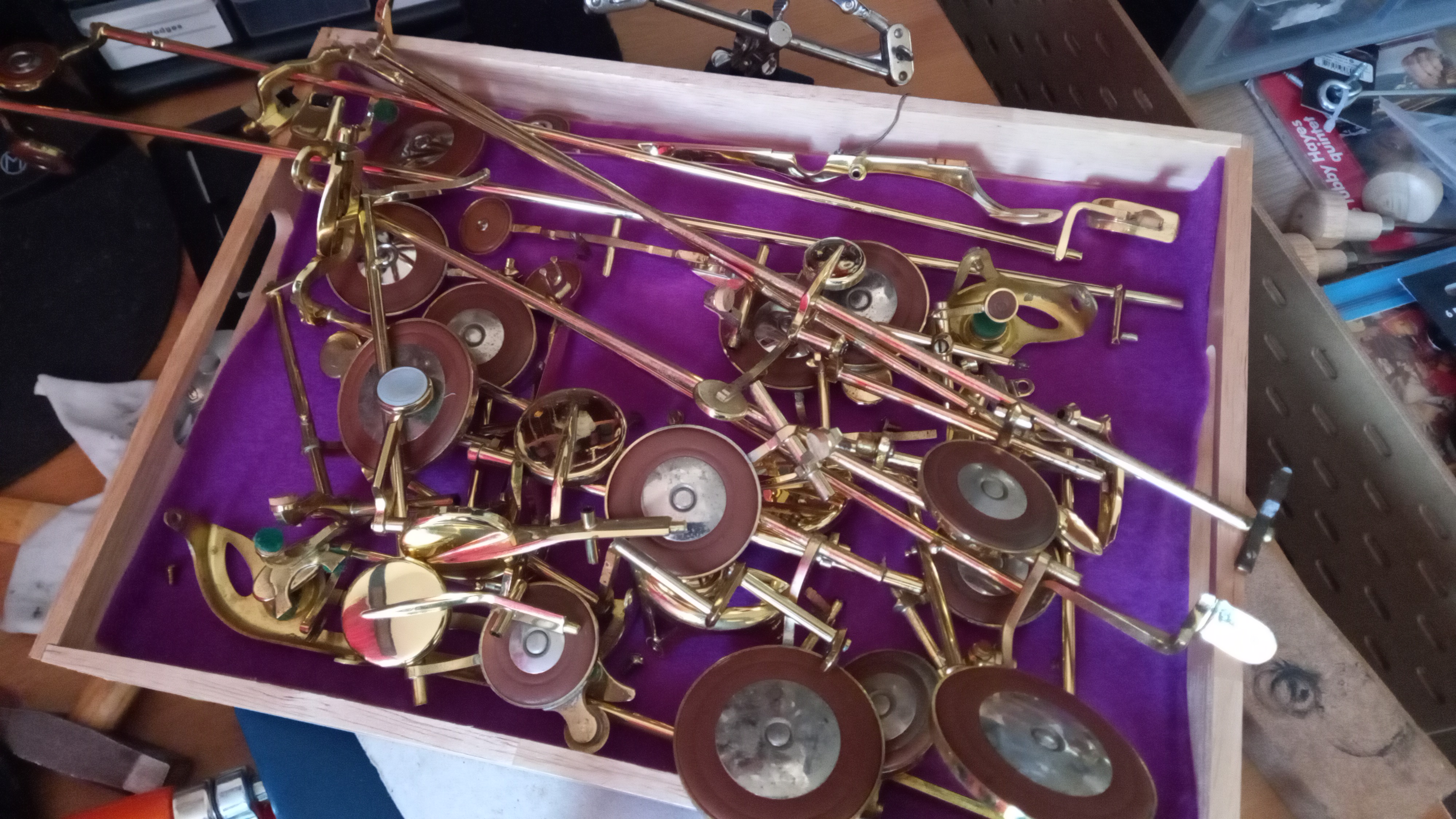 Saxophone keys in wooden box