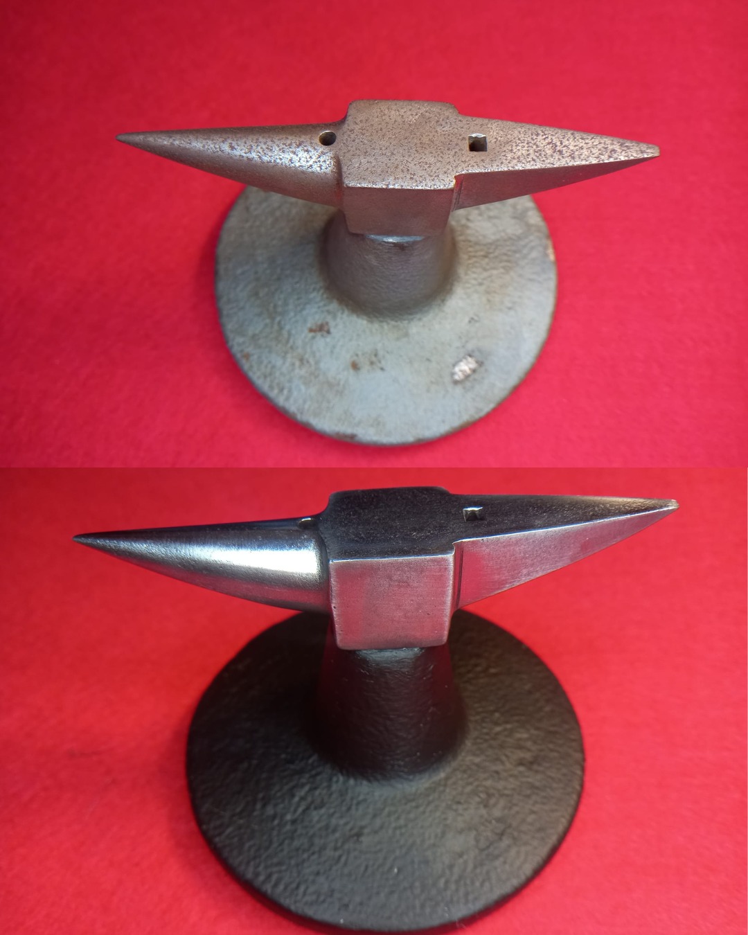 Silversmith anvil restoration — before and after