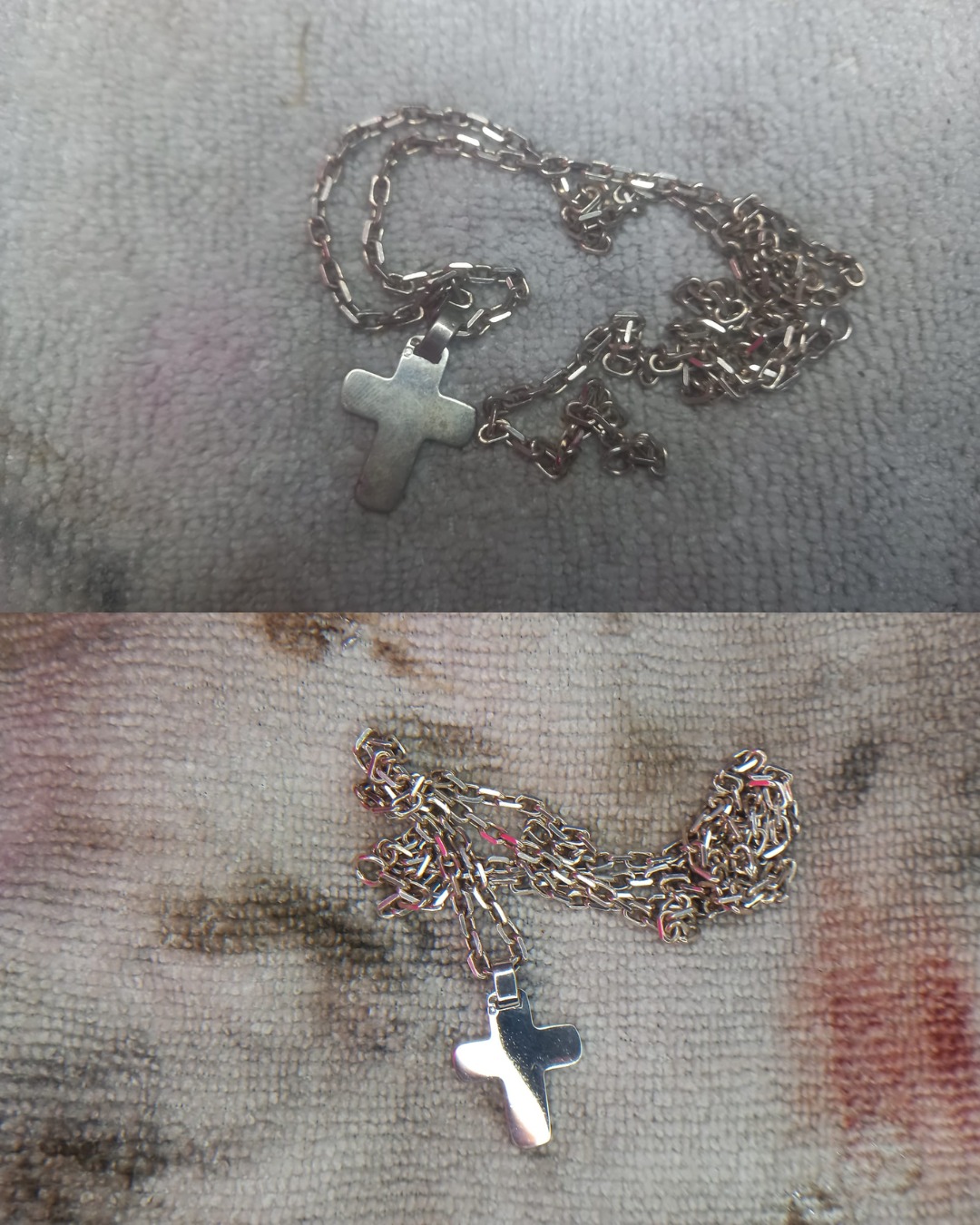 Silver cross necklace restoration — before and after
